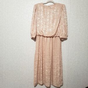 LADY CAROL...BEIGE-GOLD Long Sleeve Bishop Sundress for Wedding Guests..SIZE:16